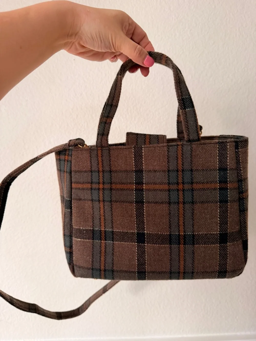 Vintage Brown Plaid Mini Tote‎ Crossbody Dark Academia Preppy Classic Bag Wool